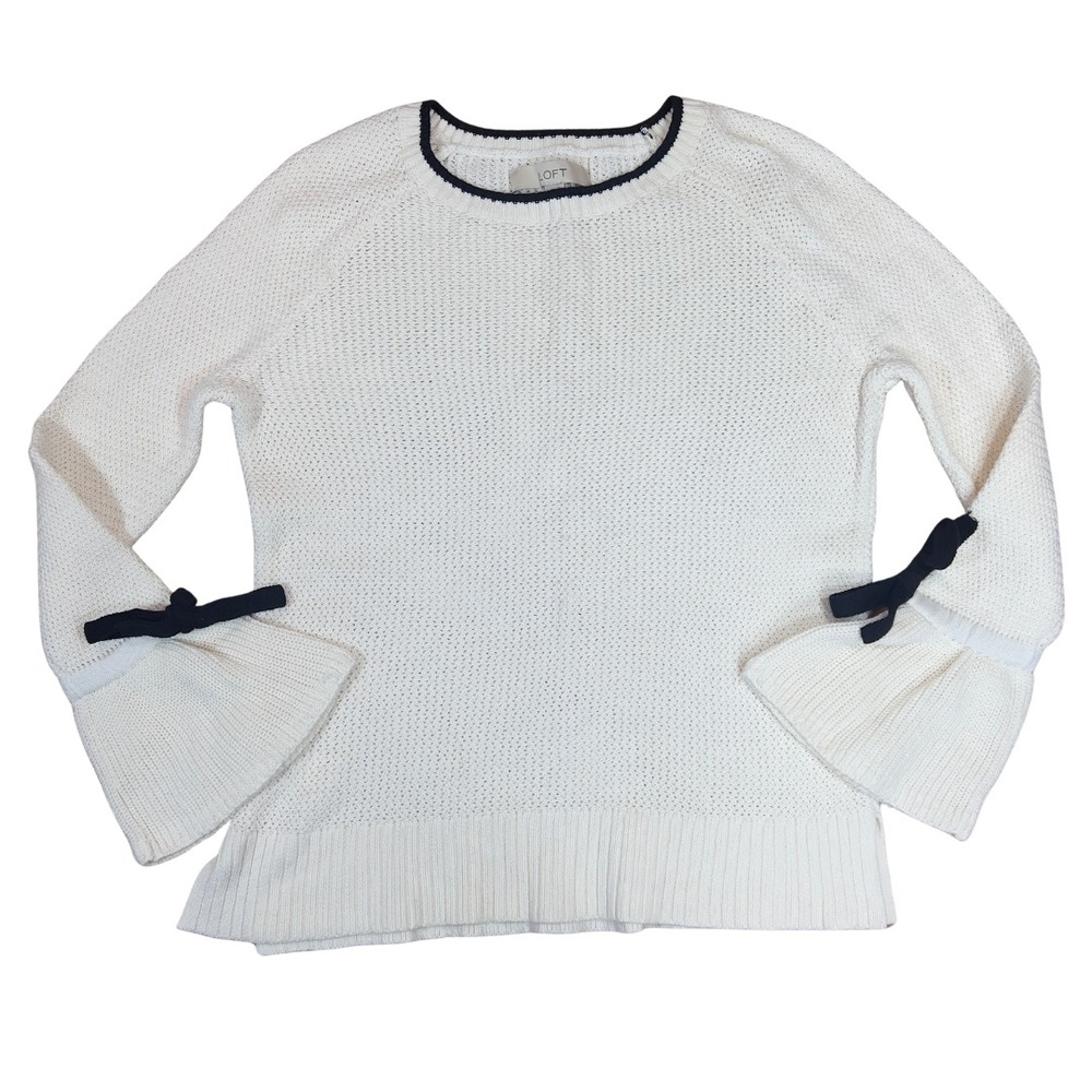 LOFT Cream Knit Sweater w Black Bow Sleeve Ties Cotton Pullover Size‎ M